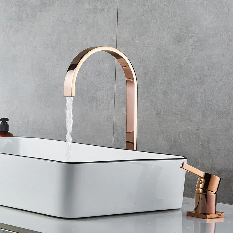 Basin faucet Bathroom super long pipe two holes Rose Gold Widespread sink tap 360 rotating widespread