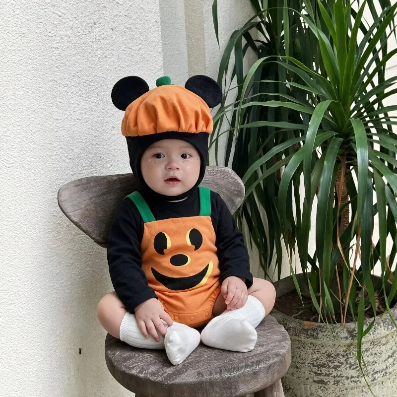 Newborn Infant Baby Boys Girls Halloween Pumpkin Costume Romper Black Long Sleeve Top And Orange Overall With Ears Hat 0 24M