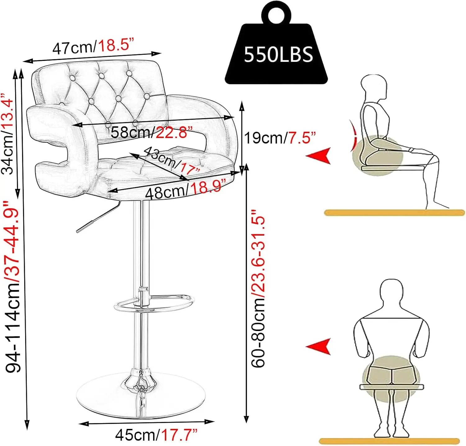 Adjustable Swivel Bar Stools, Pu Leather Bar Chairs, Kitchen Island Stools With High Backrest, Stainless Steel Frame, Counter