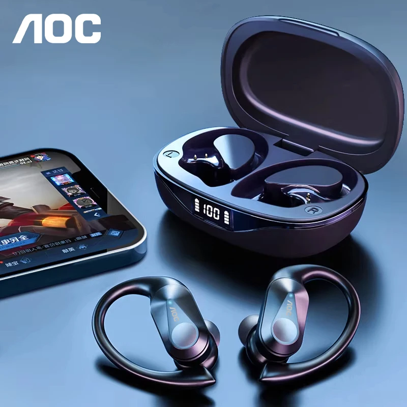 Audífonos AOC ACT3521 OWS con Gancho para la Oreja, Audífonos Deportivos Inalámbricos, Pantalla de Energía, Música HiFi, Baja Latencia, Audífonos Bluetooth para Juegos