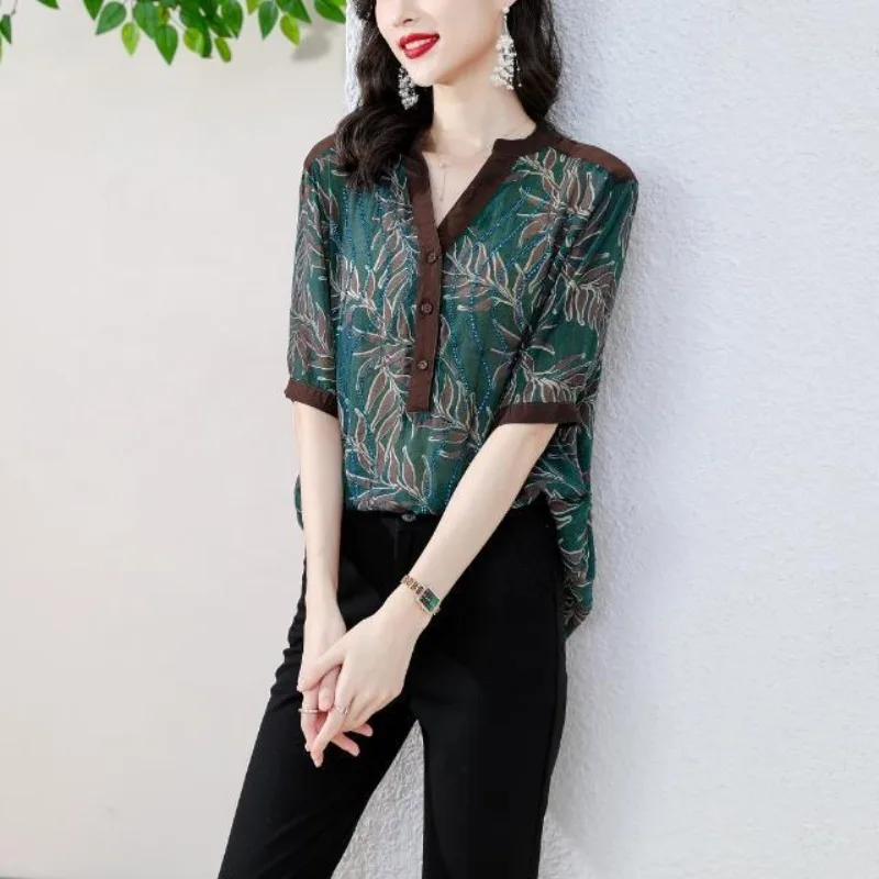 Korean Commute Summer Women\'s V-neck Printing Diamonds Single Breasted Fashion Sweet Short Sleeve Loose Mid Length Shirt Tops