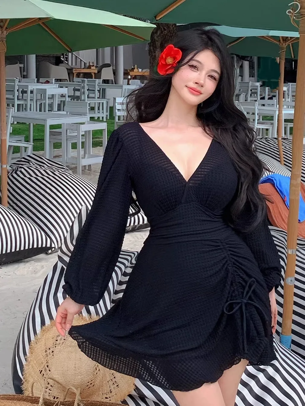 

Sexy V-Ne Long Sve One-Piece Swimsuit Women's Skirt Sle Steel Support Slimming Bla plus Size Conceals Flattering