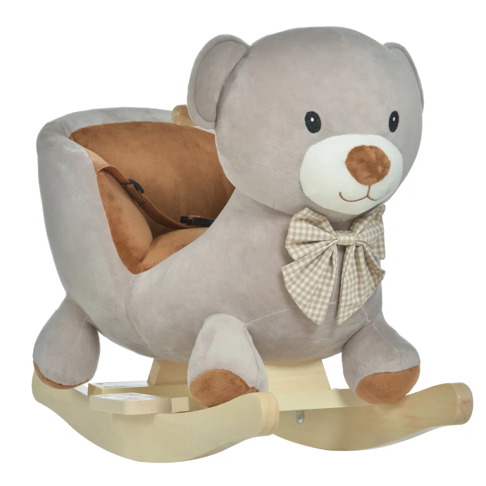 Kids Rocking Horse, Bear-Shaped Plush Toddler Ride on Horse with Sound, Wooden Base & Safety Belt for 18-36 Months, Gray