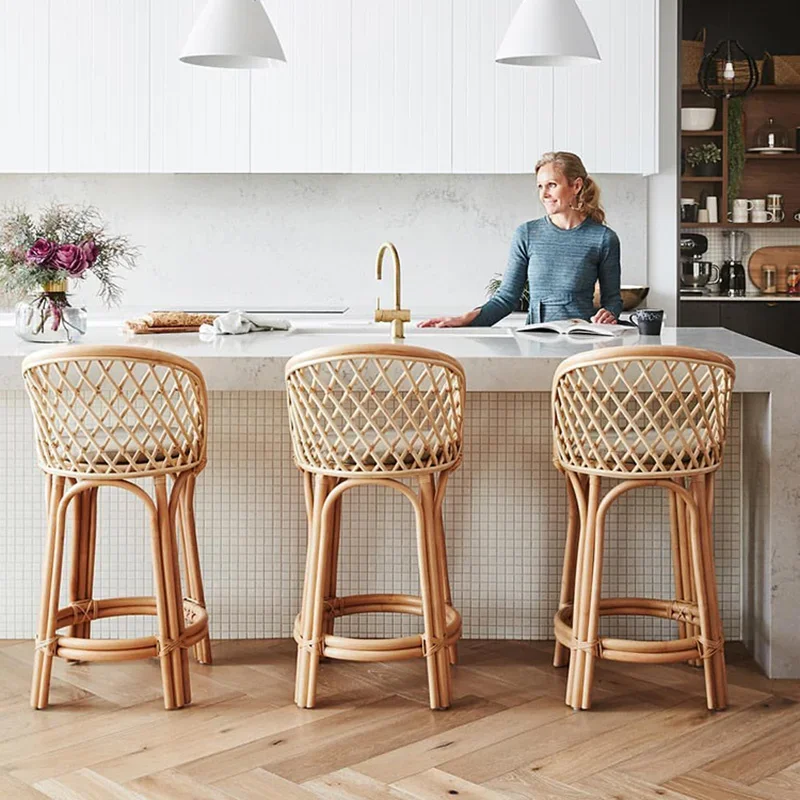 Seggiolone da cucina semplice da Bar intrecciato in Rattan, sedia da pranzo con schienale in Rattan naturale, sedute da ristorante retrò, sgabello