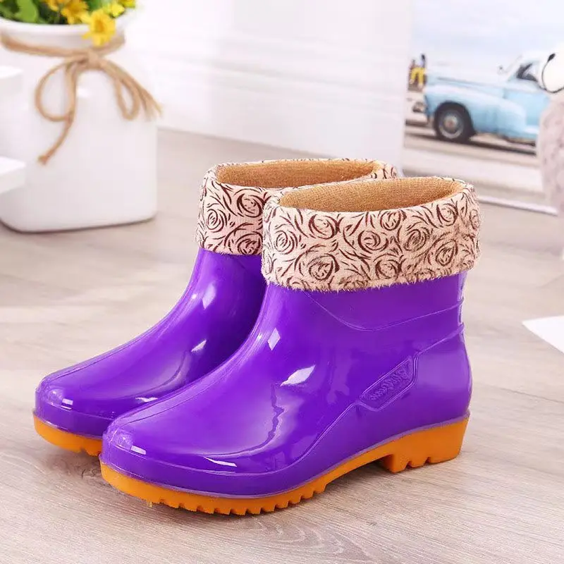 Women's Four Seasons High Top Rain Shoes Anti-Skid Fashionable And Waterproof Wave Point Rain Boots Plush Warm Rain Shoes