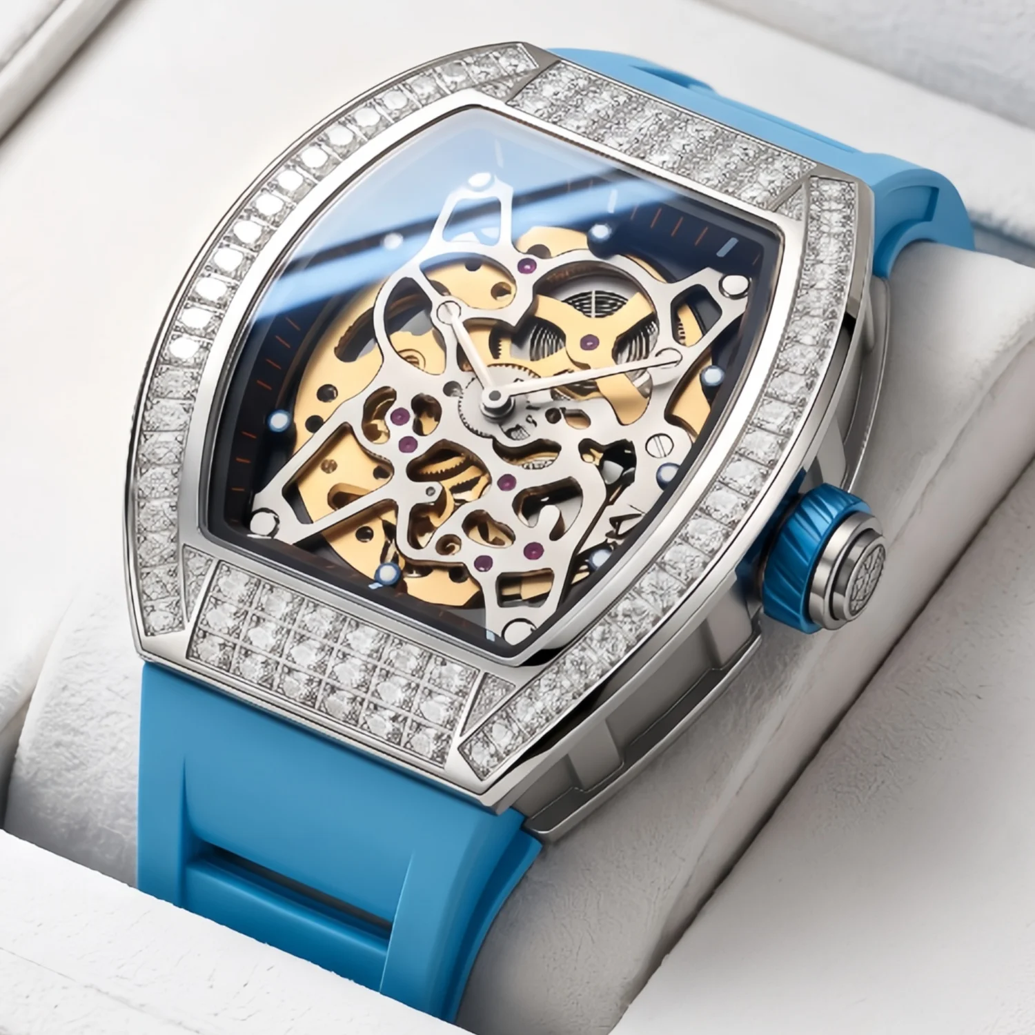 ONOLA Men's Mechanical Watch Alloy Case Yellow Full Rectangular Crystal Ice Flower Bezel Exposed Gear Hollow Dial Waterproof