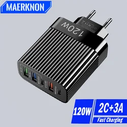 Cargador rápido USB de 120W, adaptador de corriente de 5 puertos PD tipo C para teléfono móvil iPhone, Samsung, Xiaomi QC 3,0, enchufe de carga rápida de pared