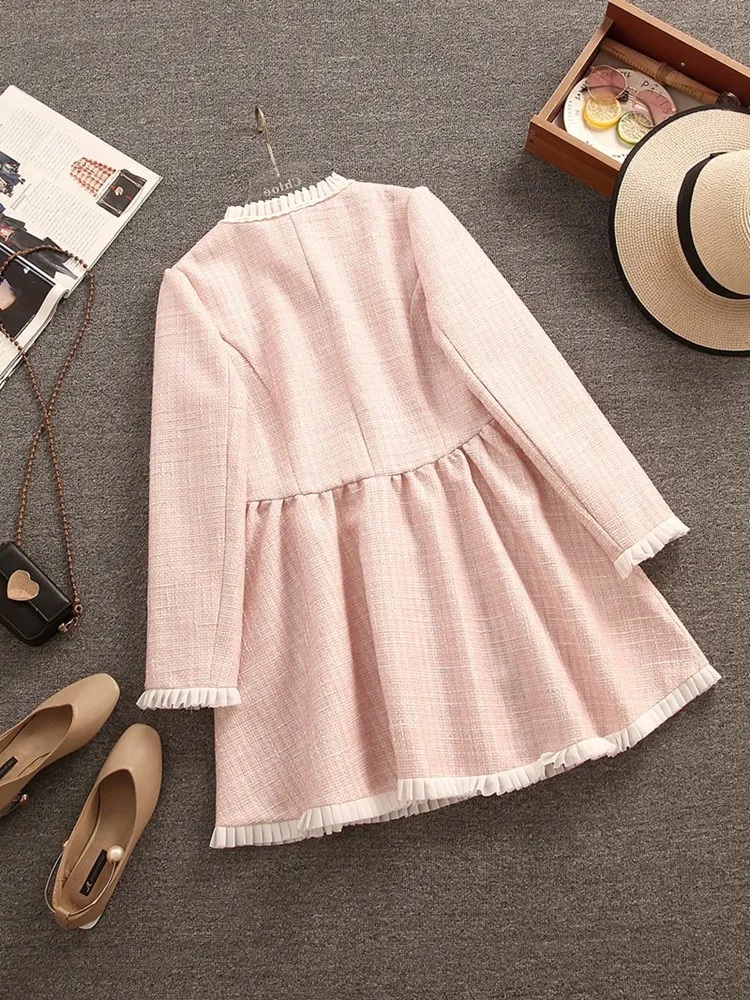 High Quality Small Fragrance Tweed Dresses For Women 2024 Spring Autumn Korean Fashion Sweet Pink Party Dress Vestido Feminino