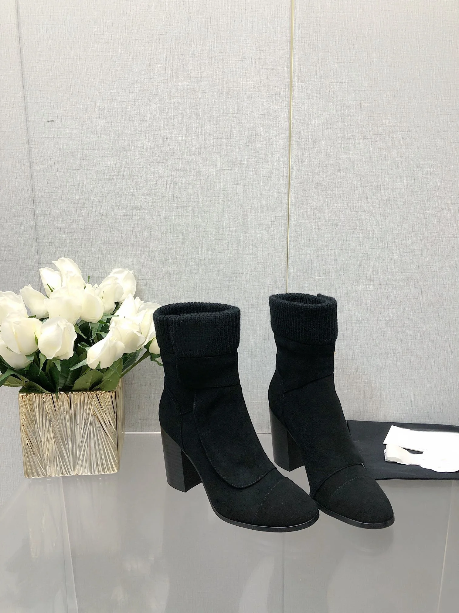 2023 autumn and winter new wool boots high heel boots, knitted wool splicing leather material, delicate and soft