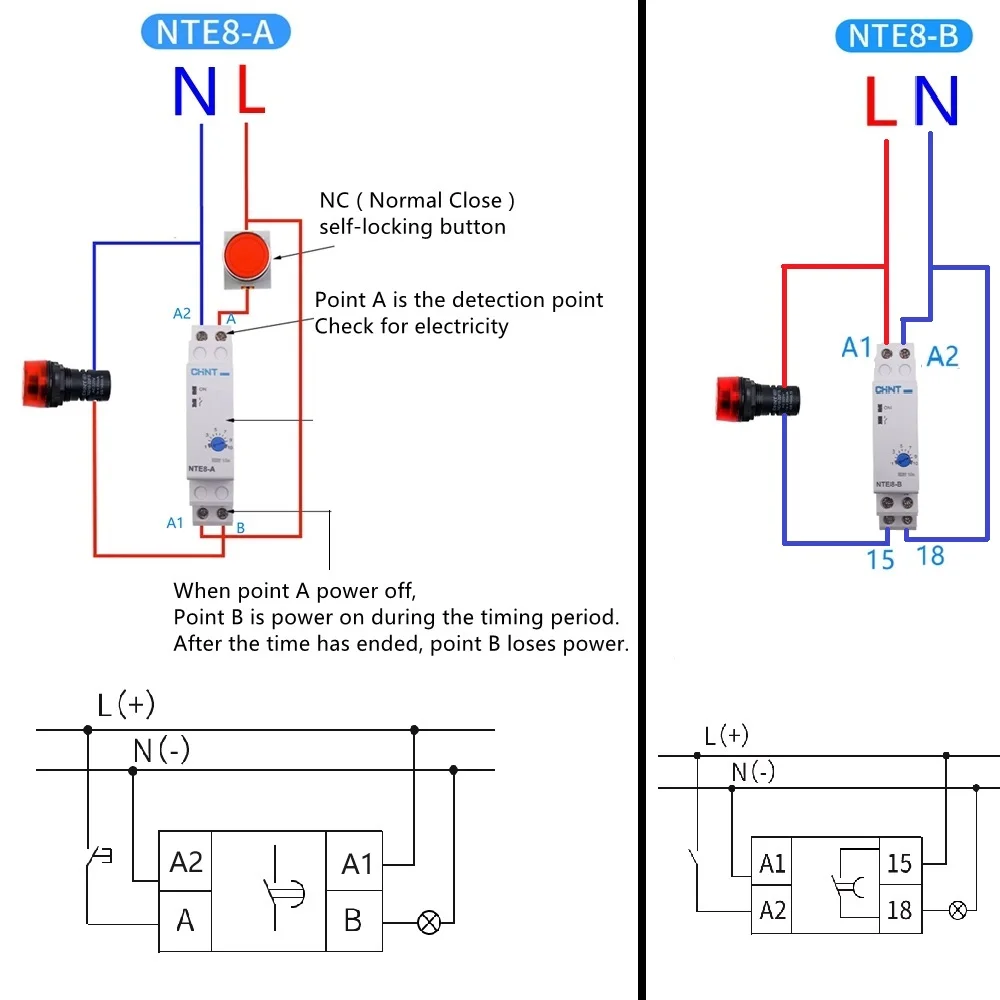 CHINT NTE8 Series Time Delay Relay Control Off Power On Delay NTE8-A NTE8-B 10S 120S 480S 220V 24V Din Rail Digital Timer Switch