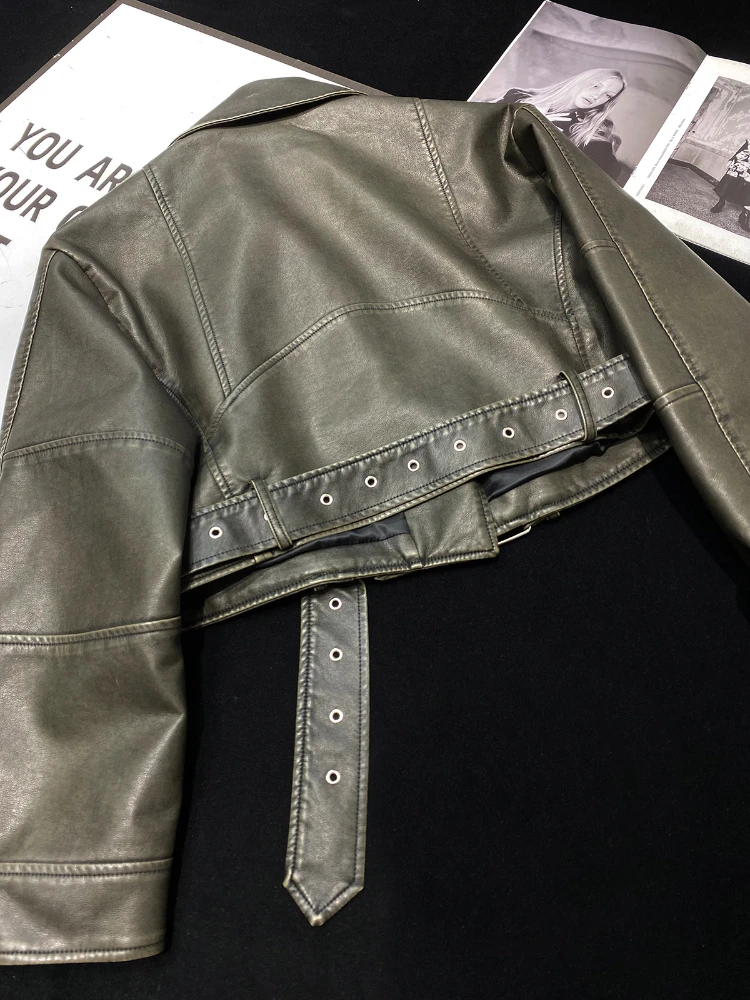 FTLZZ New Spring Autumn Vintage Moto Biker Pu Coat Women Fashion Casual Turn-down Collar Faux Leather Short Jackets with Belt