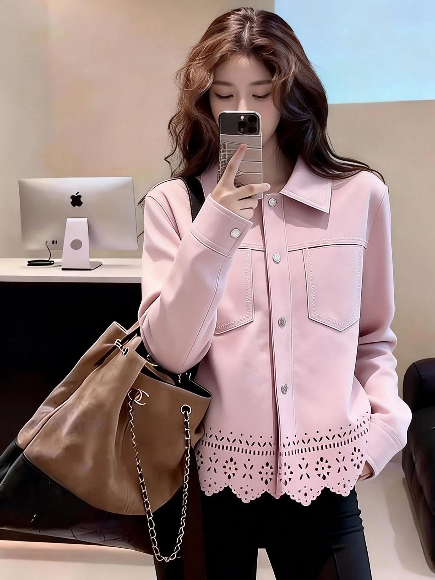 

Sweet Pink Hollow out Design Women's Jaet Spring 2026 New Sle Soft Collar Top Quali Fabric Stand Fit Ladies Coat
