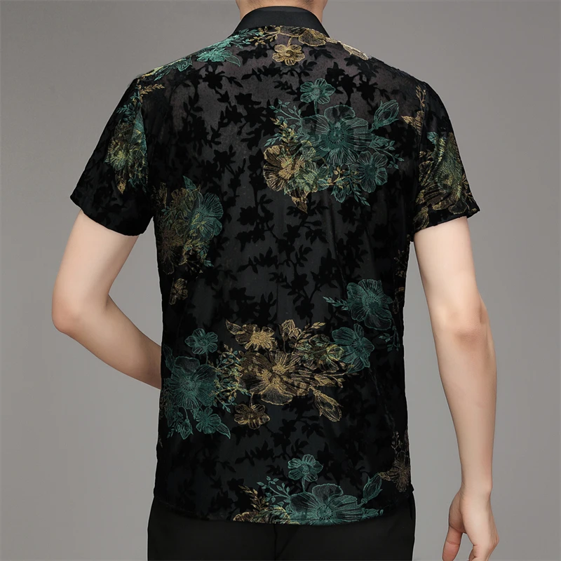 Floral Jacquard Hollow Elastic Shirts For Men Short Sleeve Silky Summer Quality Velvet Soft Comfortable Casual Camisas De Hombre