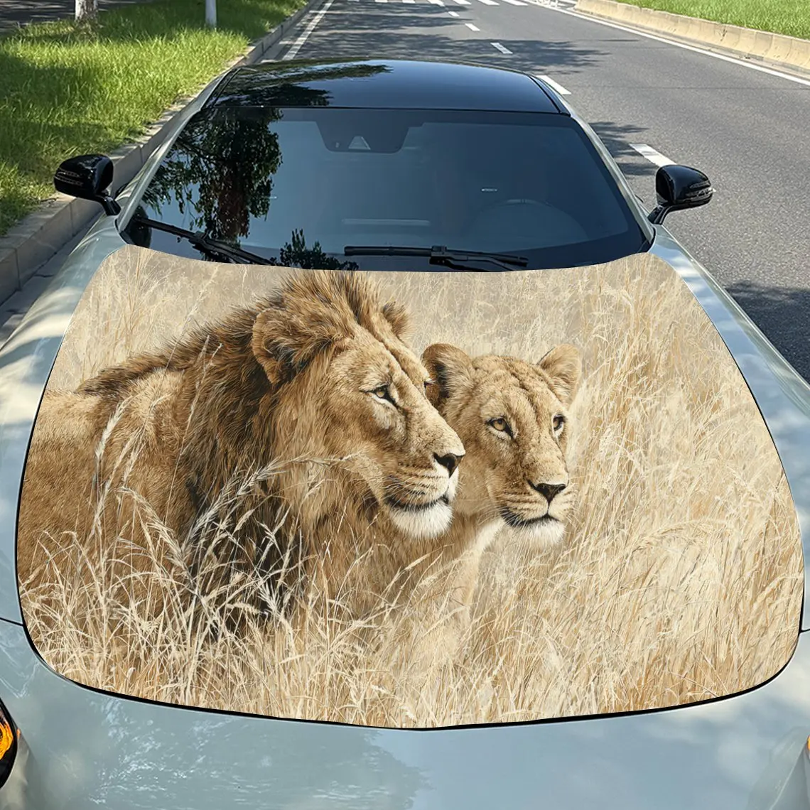 Car Decal Lions (Male and Female) in Savanna-Inspired Artistic Background with Textural Grass Elements & Ecosystem-Majestic Visu