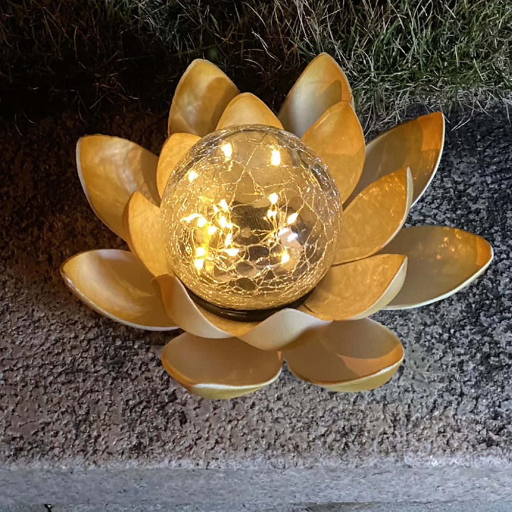 Solar Powered Lotus Cracked Glass Ball Lamp Waterproof Decorative Cracked Ball Lotus Light Auto On Garden Art Decoration