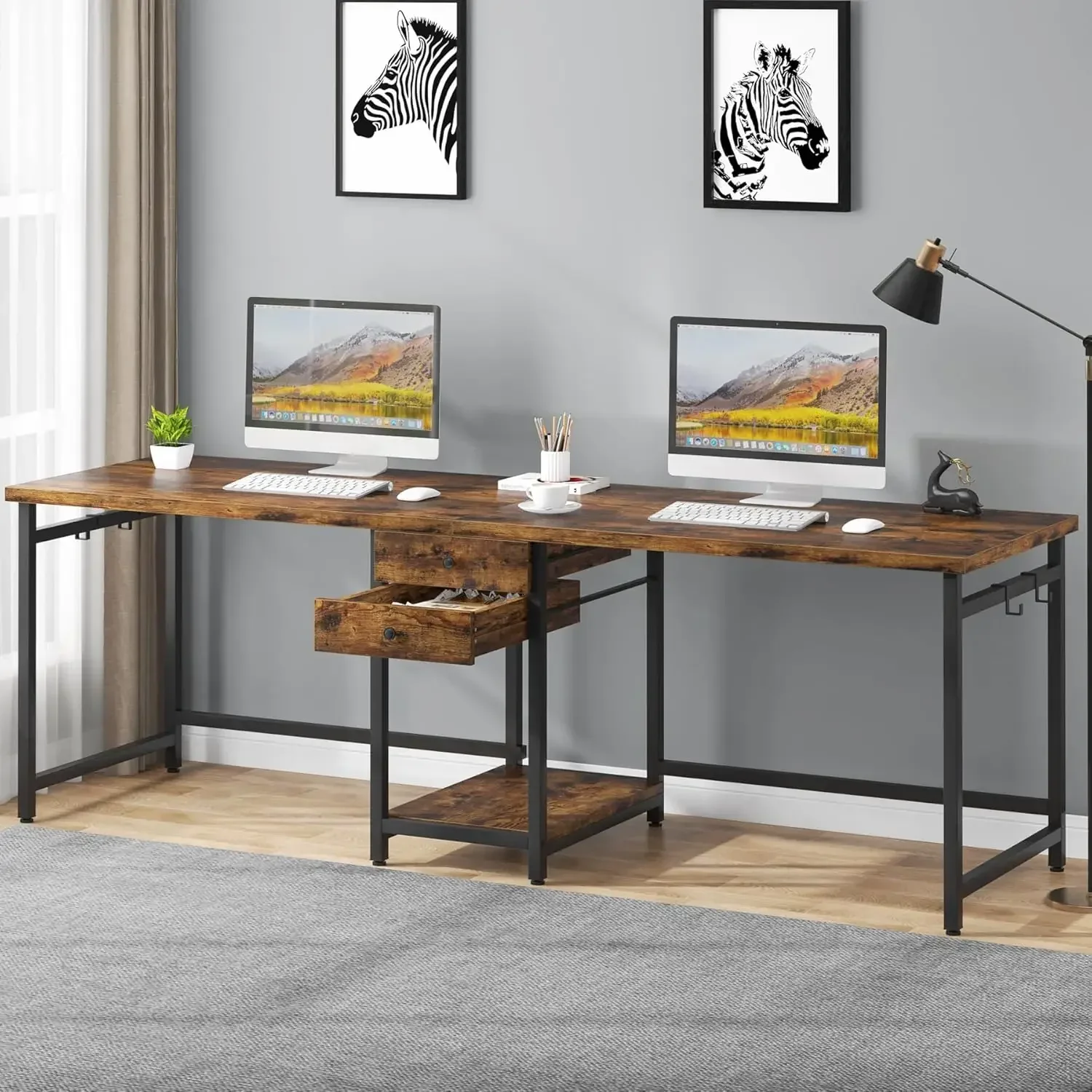 79 Inch Extra Long Desk, Double Desk with 2 Drawers, Two Person Desk Long Computer Desk with Storage Shelves, White