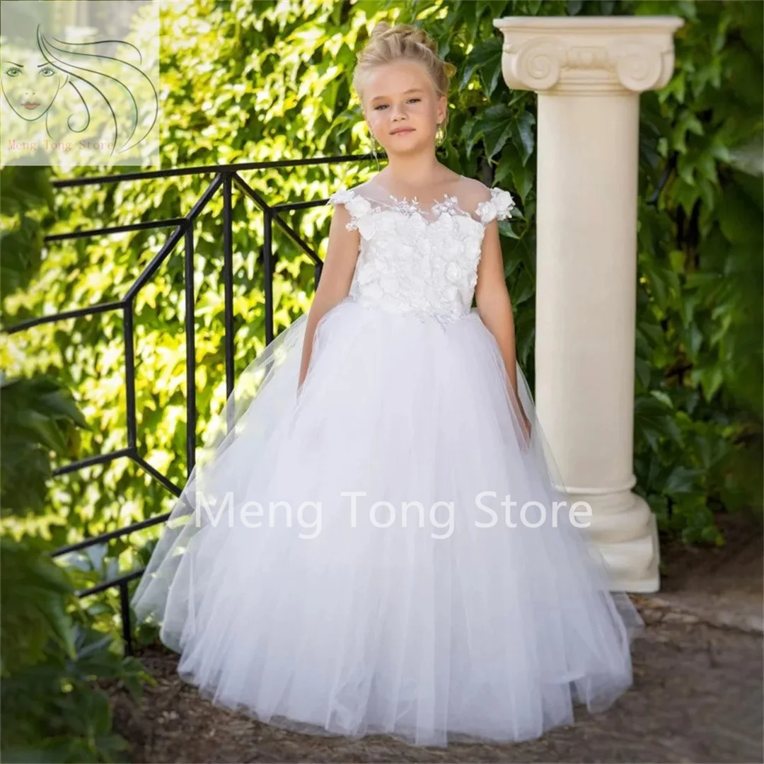 

Flower Girls Dresses White Applique Fluffy Kids Sleeveless O Neck Lace New Bow 2023 Pretty Princess Wedding Custom Formal wear