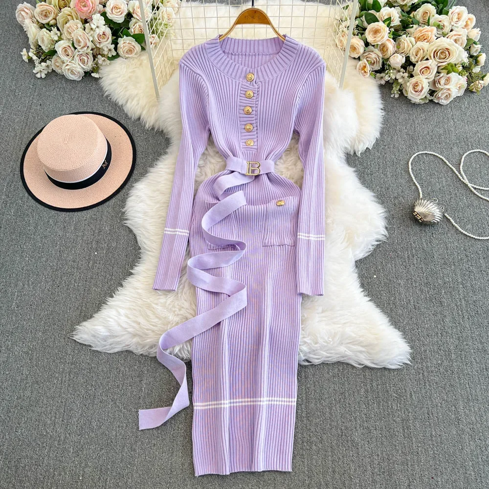 Chic Slim Long Sleeve O-neck Knit Dress High Street Vintage Single Breasted Slim Evening Korean Women Autumn Winter Clothing