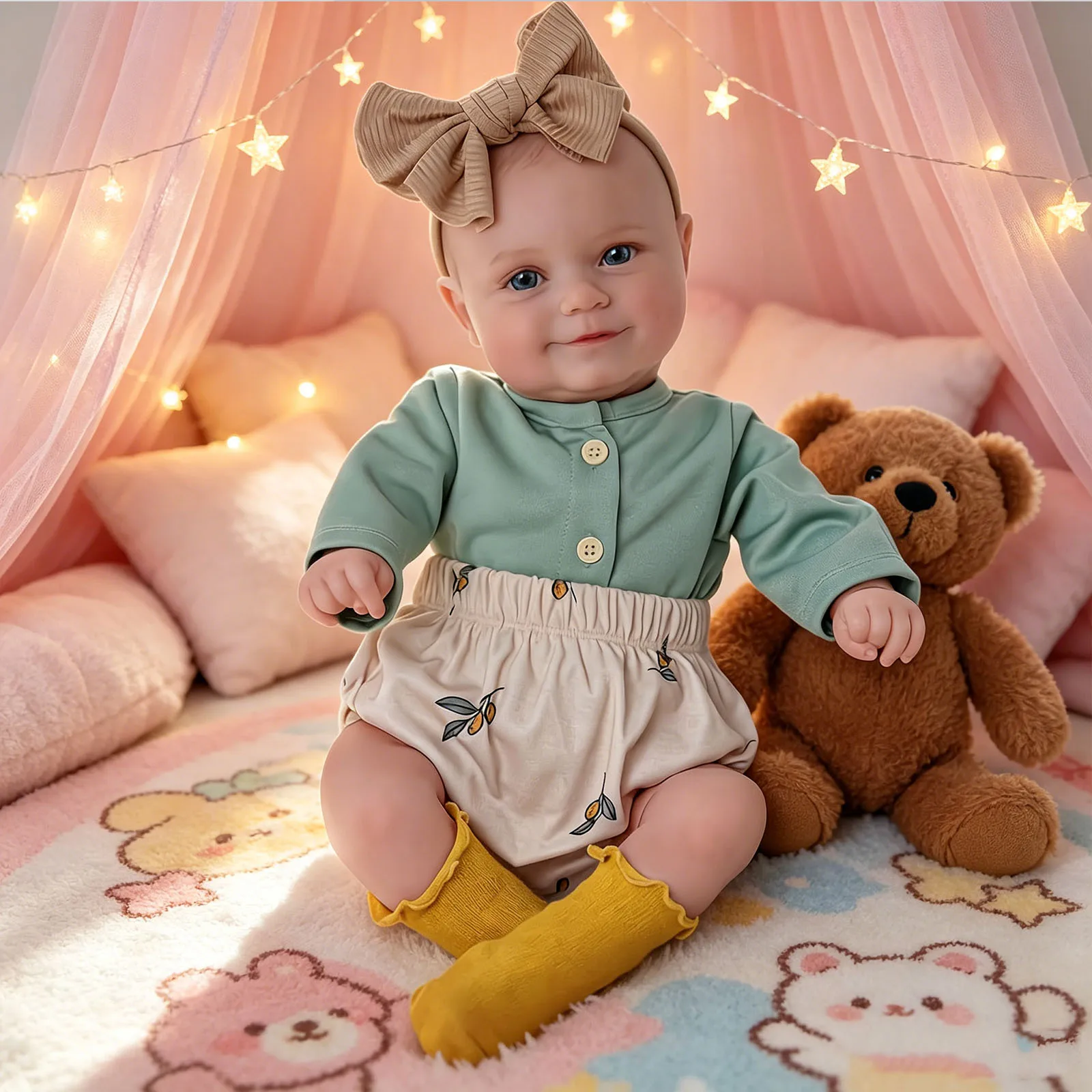 

22 Inch Reborn Baby Doll Girl - Realistic Smiling Toddler Doll with Green Bee Outfit, Big Bow & Plush Teddy Bear, Soft Cloth Body, Handmade Lifelike Reborn Doll for Kids Age 3+, Birthday Gift