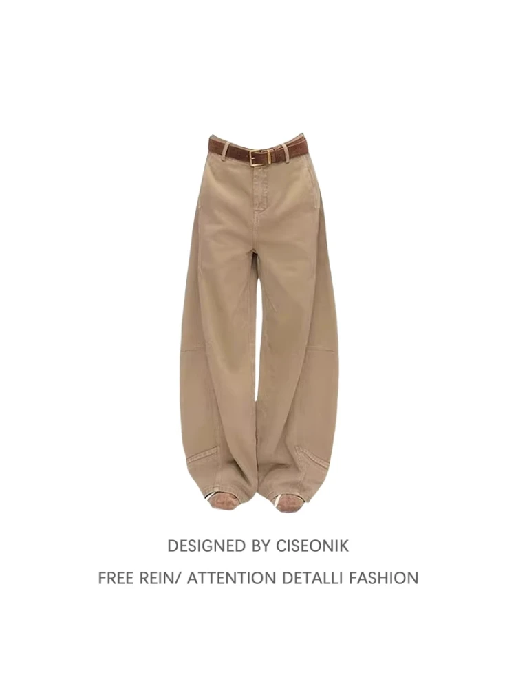 

American Retro Khaki Curved Blade Jeans Women's Spring Large Size Fat MM Loose Wide Leg Straight Long Pants