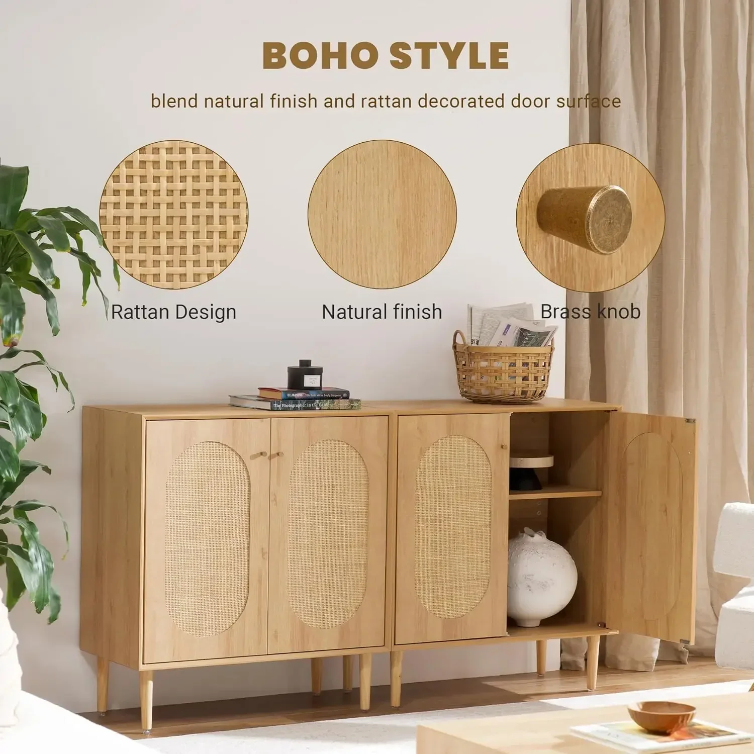 Storage Cabinet with Rattan Doors Set of 2,Boho Buffet Sideboard Bar Cabinet Farmhouse Credenza Cabinet with Sturdy Wooden Legs