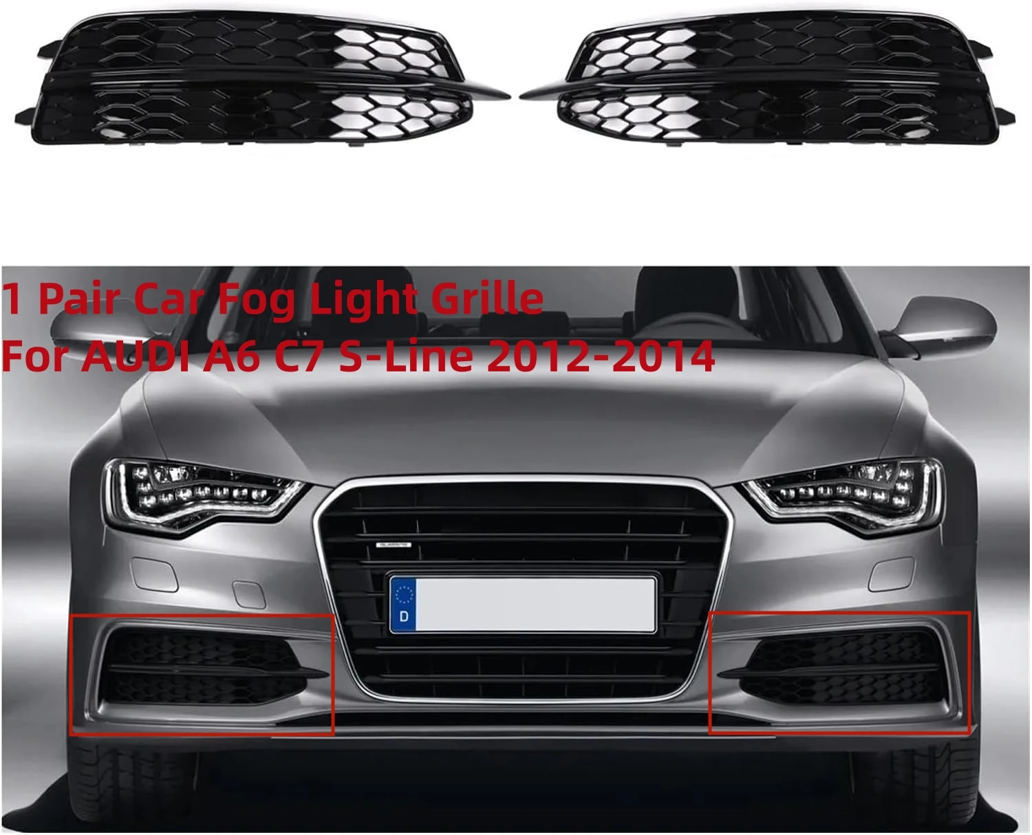 Glossy Black Front Bumper Fog Lamp Grille For AUDI A6 C7 S-Line 2012 2013 2014 Pair Honeycomb Fog Light Grill Covers