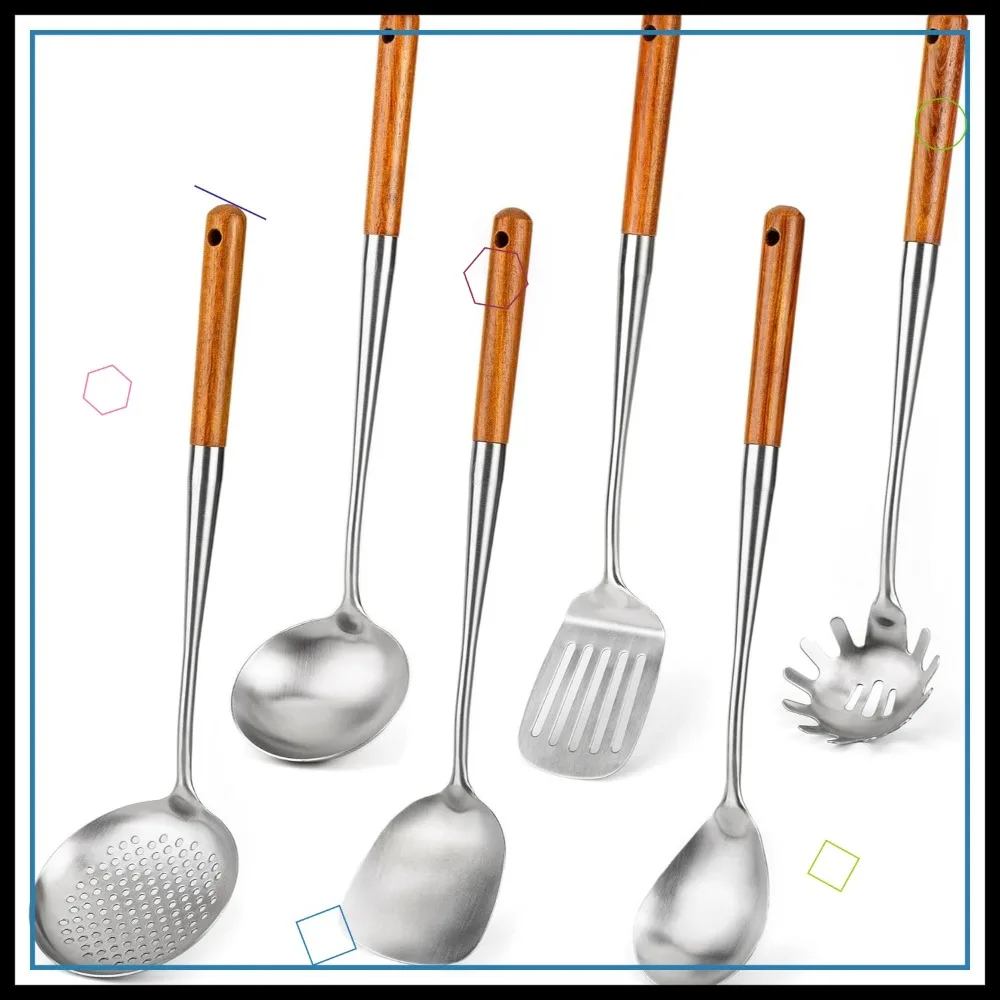 

304 Stainless Steel Kitchen Utensil Set - 6 PCS Wok Spatula, Soup Ladle, Skimmer, Slotted Turner & Spaghetti Spoon