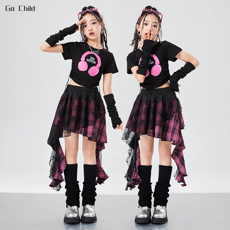 Hip Hop Girls Crop Top Street Dance Gauze K-pop Plaid Skirts Kids Streetwear Children Jazz Cheerleader Costumes Clothes Sets