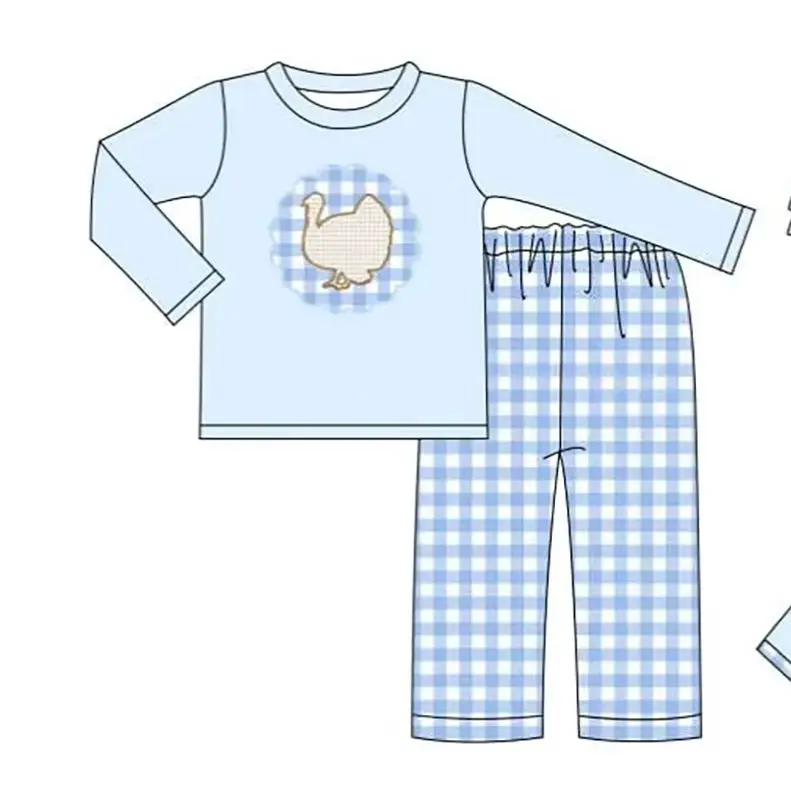 Toddler Kids Turkey Print Outfit Set Baby Long Sleeve Ruffle Top Gingham Pants Romper Thanksgiving Fall Boys Girls Clothes