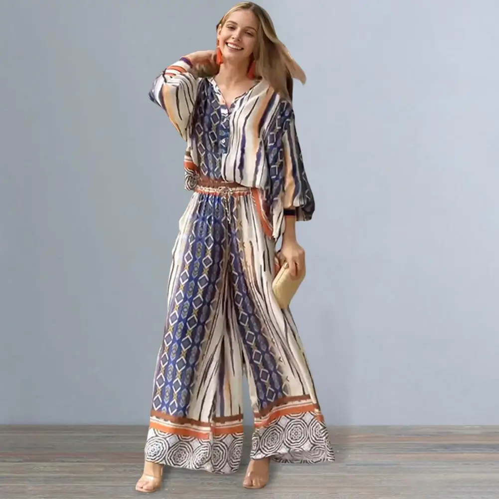 Women's Casual Wear Lapel Single Breasted Long Sleeve Shirt High Waist Wide Leg Striped Pants Bohemian Beach Casual Wear