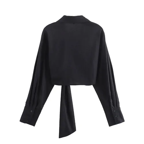 Imagen 2 del producto de las mujeres de la calle alta con diseño de la hebilla V-cuello corto camisa de estilo europeo y americano otoño nuevo color sólido nudo camisa