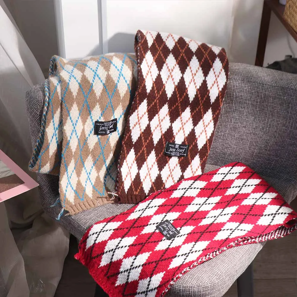 패션 한국 스타일 다이아몬드 체크 스카프 두꺼운 방풍 Y2K 체크무늬 스카프 롱 플래드 겨울 캐시미어 숄 여성/남성용