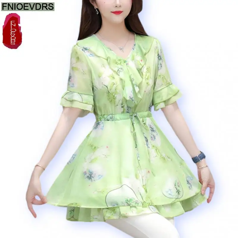 

M-5XL Loose Clothes 2024 Women European Fashion Elegant Layer Ruffles Shirt Shirring Waist Floral Tunic Belly Peplum Tops Blouse