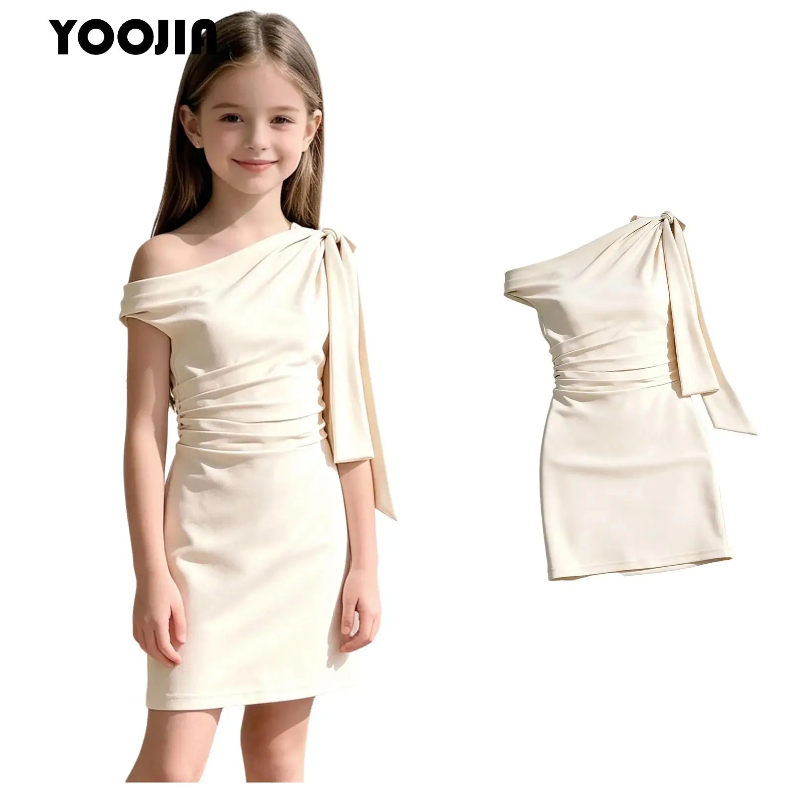 Flower Girls Party Dresses Kids Bow Asymmetrical Off Shoulder Ruched Bodycon Pencil Dress Children Pageant Wedding Birthday Gown