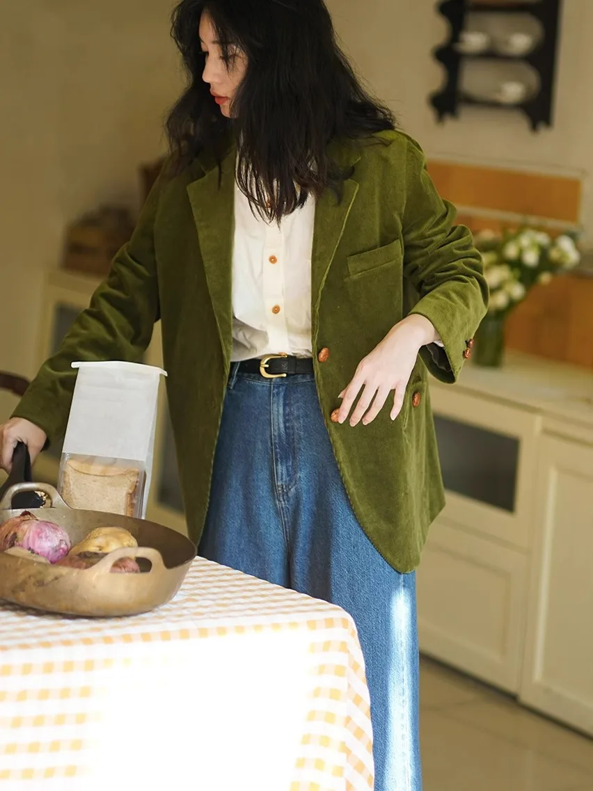 UNXX Groene Vintage Corduroy Blazer voor Vrouwen Vrouwelijke Kantoor Dame Herfst/Winter Losse Blazer 2024 Nieuwkomers Jas Hoge kwaliteit