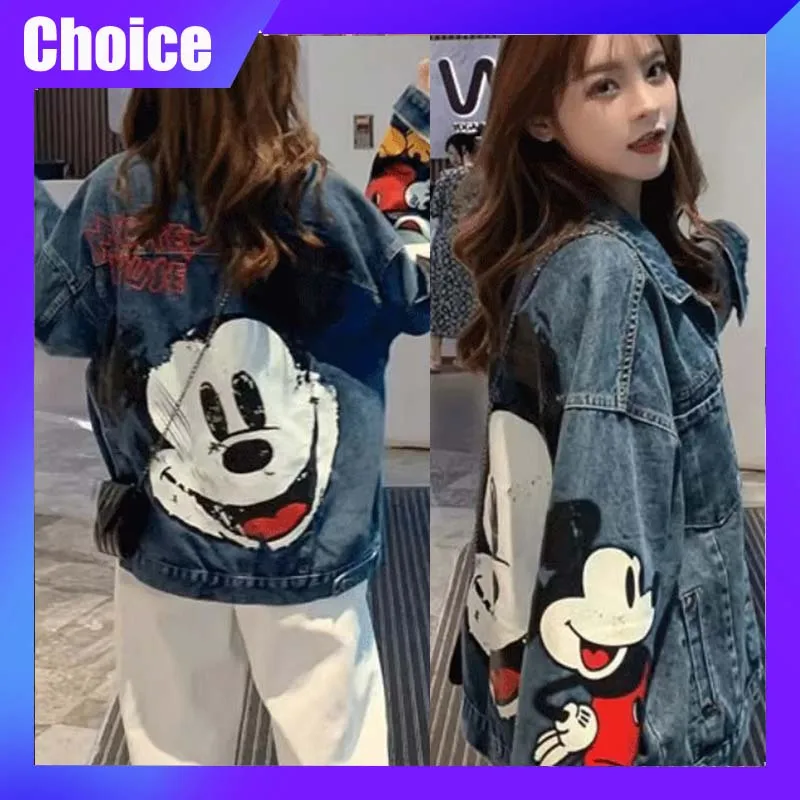 

Disney Mickey Denim Jacket Cartoon Print Long Sleeve Coat Casual Women Loose Mid-Length Fashionable Trends Jeans Coat Gift Girl