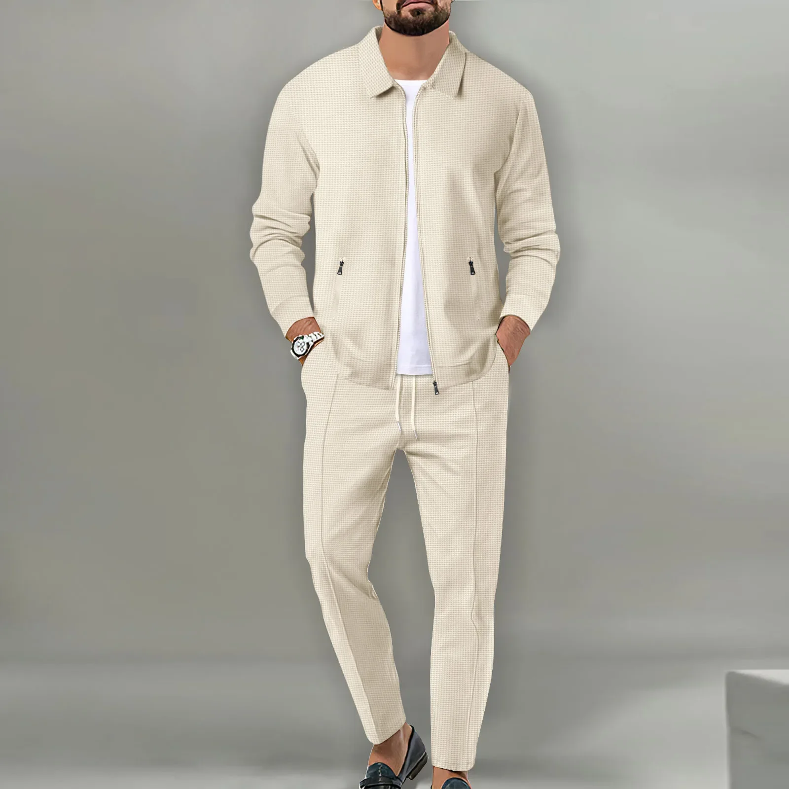 

Pop Autumn Men's Sets Waffle Zipper Pocket Cardigan Jacket High-waisted Straight-leg Pants Sets With Drawstring 2ps Clothes For