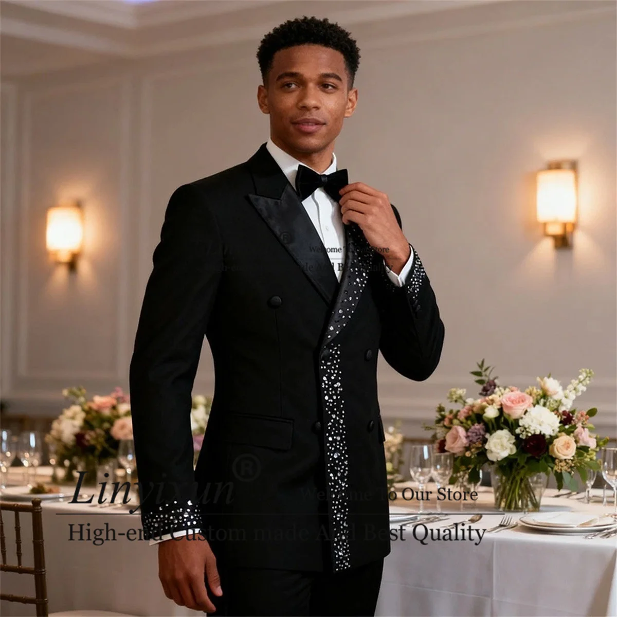 

Glitter Beaded Diamond Men Suits 2 Pieces Sets Wedding Party trajes para hombre Double Breasted Customized Groom Party Blazers