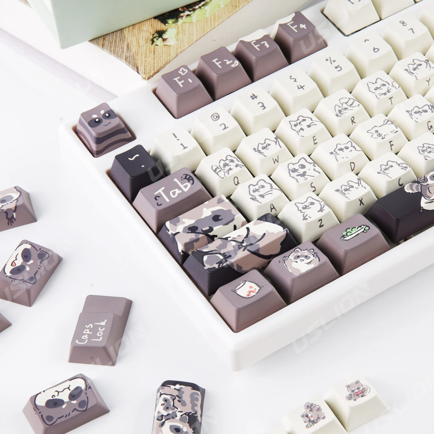 Imagem -03 - Kit de Teclado Bonito Guaxinim Pbt Caps Chave Mecânica 148 Chaves Dye-sublimation Fit para Switchs mx Gmk67 Gmk87