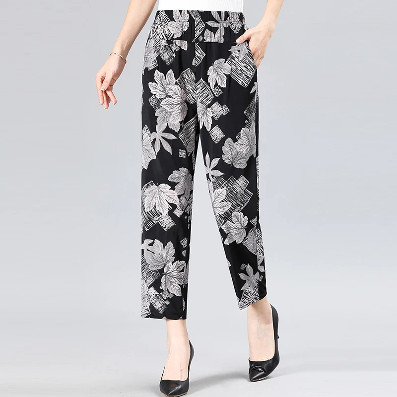 جديد سراويلي حريمي XL-8XL الصيف النساء عادية عالية الخصر السراويل المطبوعة مرونة الخصر منتصف العمر النساء السراويل الصيف قيعان