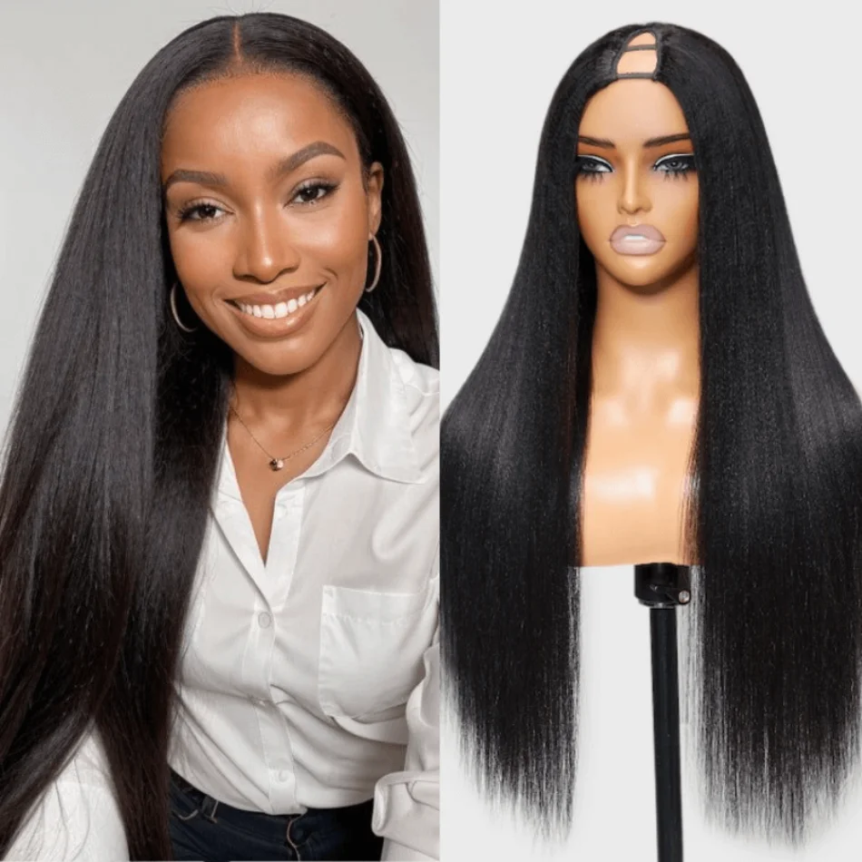 Unice Hair Yaki Straight V Part Wig Human Hair Wigs No Lace No Leave Out Glueless Wig for Women Natural Black Wear Go Wig