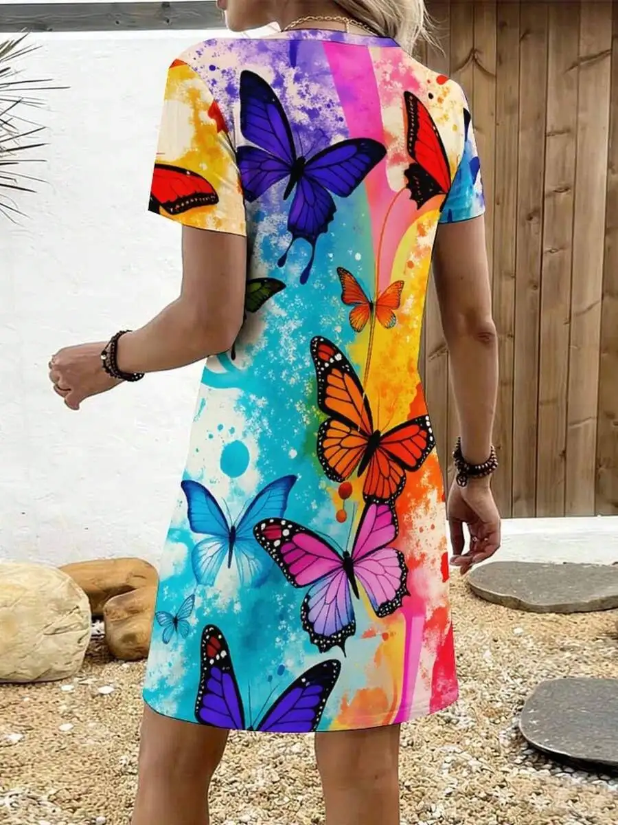 

Womens Butterfly Print Short Sleeve Round Neck Fitted Dress