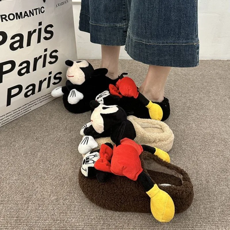 

Women's 2025 Winter New Fleece Lined Warm Platform Slippers Cute Mickey Cartoon Closed Toe Fluffy Slides for Outdoor Wear