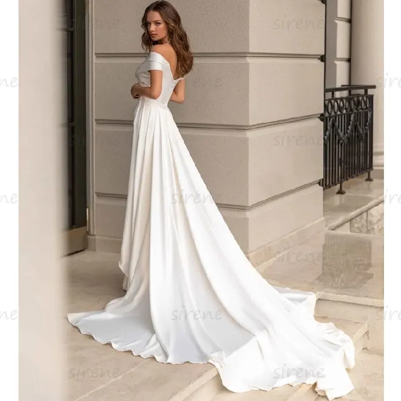 Vestido De Novia De sirena Simple para mujer, vestido De Novia blanco con escote Corazón, hombros descubiertos, satén, Espalda descubierta, tren De corte