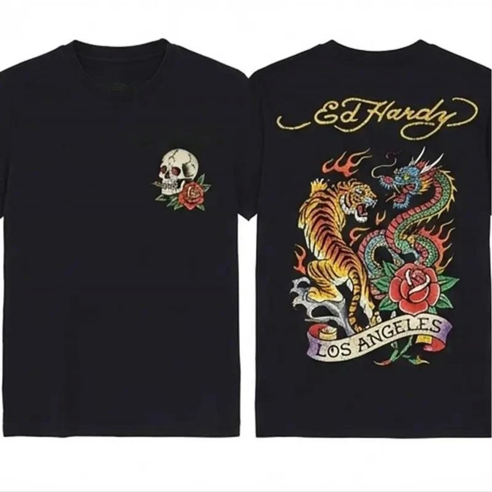 Men's T-Shirt with Tiger and Dragon Tattoo-Style Print Original Ed Hardy Design for Urban Men Street Fashion Casual Wear