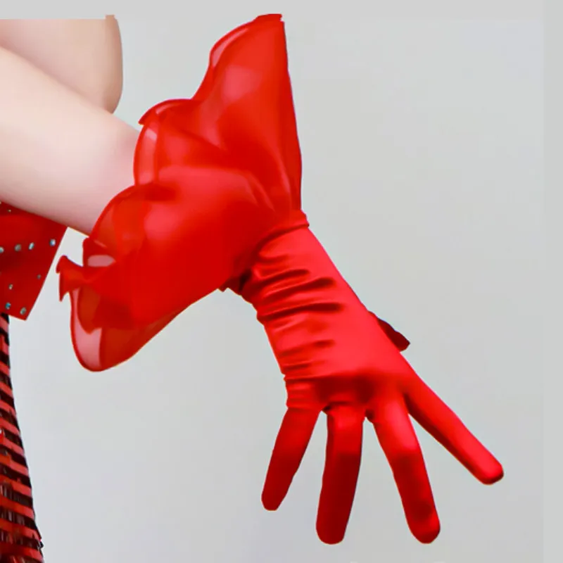 28cm SATINHANDSCHUHE Kurze Rüschen-Manschetten Sexy Wellenärmel für Damen Elegante Weiße Einfarbige Große Puffärmel Hochzeit Braut Stretch-Seide – Detail 8