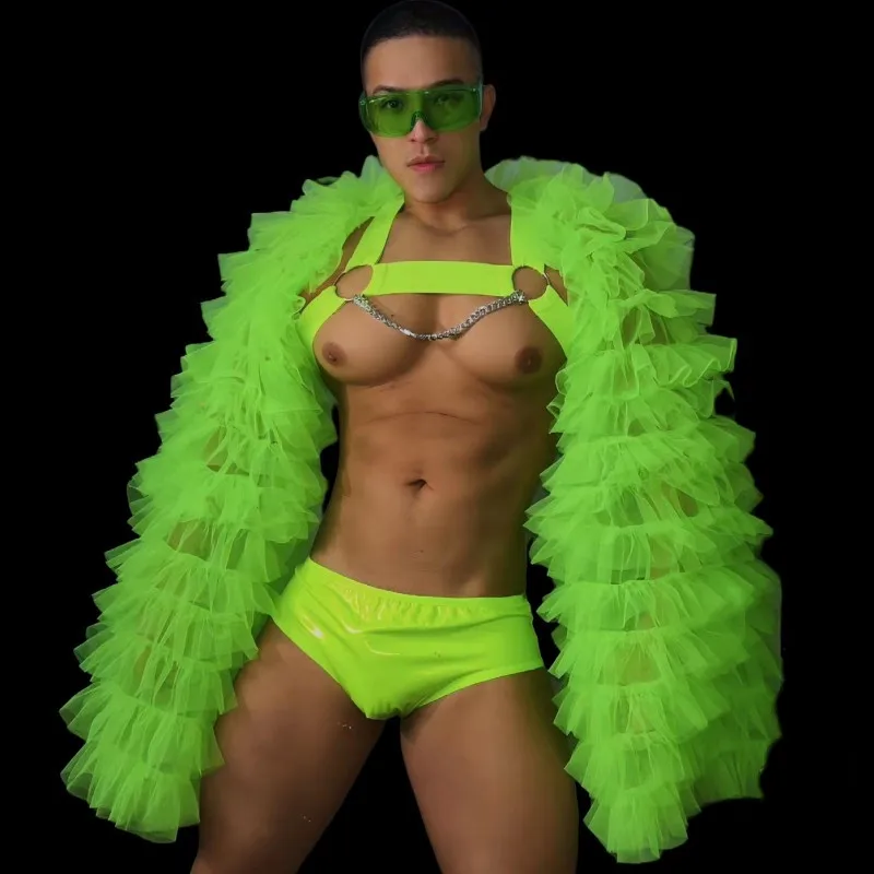 

Fluorescent Green Gauze Fluffy Sleeves Tops Shorts Rave Outfits Nightclub Male Gogo Dancer Singer Sexy Stage Performance Costume