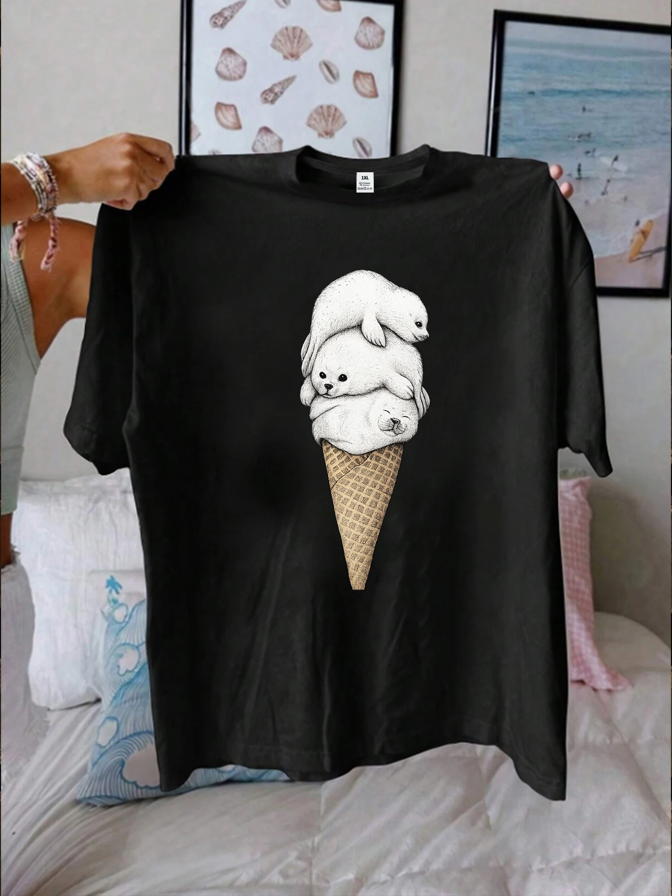 

【10112025】Женская футболка с круглым вырезом и принтом морского льва, больших размеров, летняя повседневная футболка с короткими рукавами, модная и универсальная.