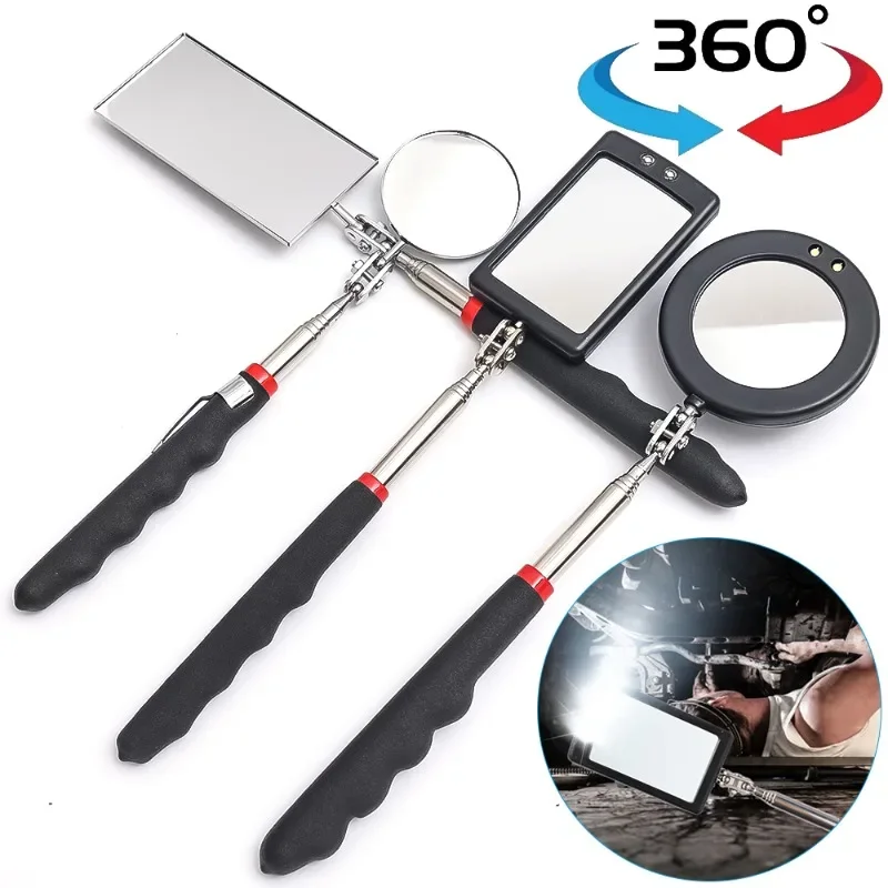 360° Inspection Mirror LED Light Telescoping Mirrors Extend Mechanic Tools Inspection Mirror Telescopic Handle Repairing Tools