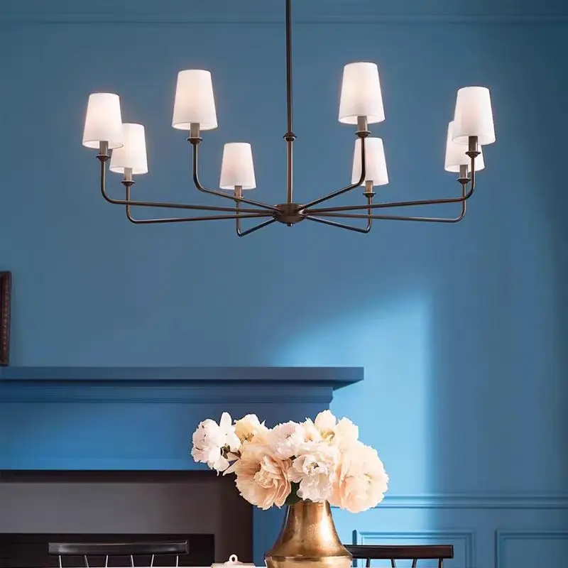 Retro Fabric Lamp American Wrought Iron Kitchen Island Restaurant Living Room Polished Gold Black Village Chandelier